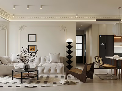 Elegant Modern Open Living Dining Area Interior With Sofa Dining Table Artwork And Pendant Light 3d model