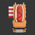 Orange Food Truck With Large Hot Dog on Top and Yellow Red Stripes
