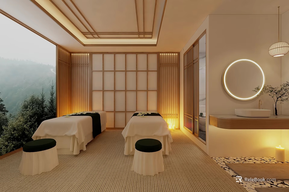 Modern SPA Sauna with Massage Beds Wooden Partitions Large Windows Mountain View and Warm Lighting 3d model 