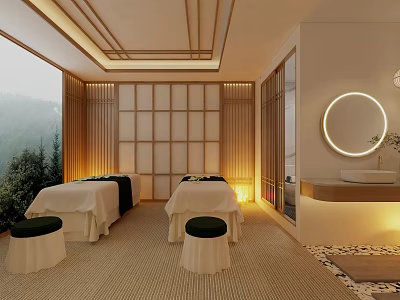 Modern SPA Sauna with Massage Beds Wooden Partitions Large Windows Mountain View and Warm Lighting 3d model