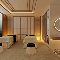 Modern SPA Sauna with Massage Beds Wooden Partitions Large Windows Mountain View and Warm Lighting