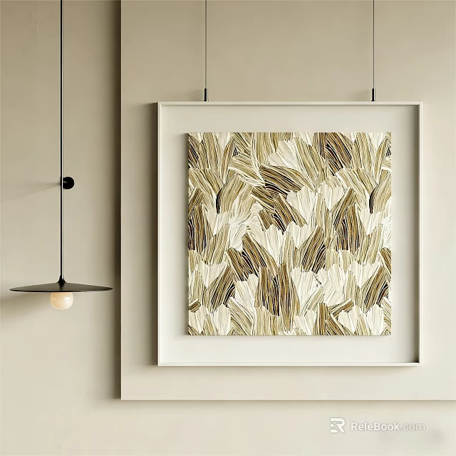 Abstract Wall Art With Beige And Gold Leaf Patterns In White Frame Hanging On Wall 3d model 