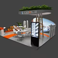 Modern Orange White Exhibition Booth With Tables Chairs Digital Display And Green Plants