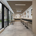 Contemporary Restaurant Kitchen Interior With Long Tables Seats Decorative Paintings And Wooden Ceiling