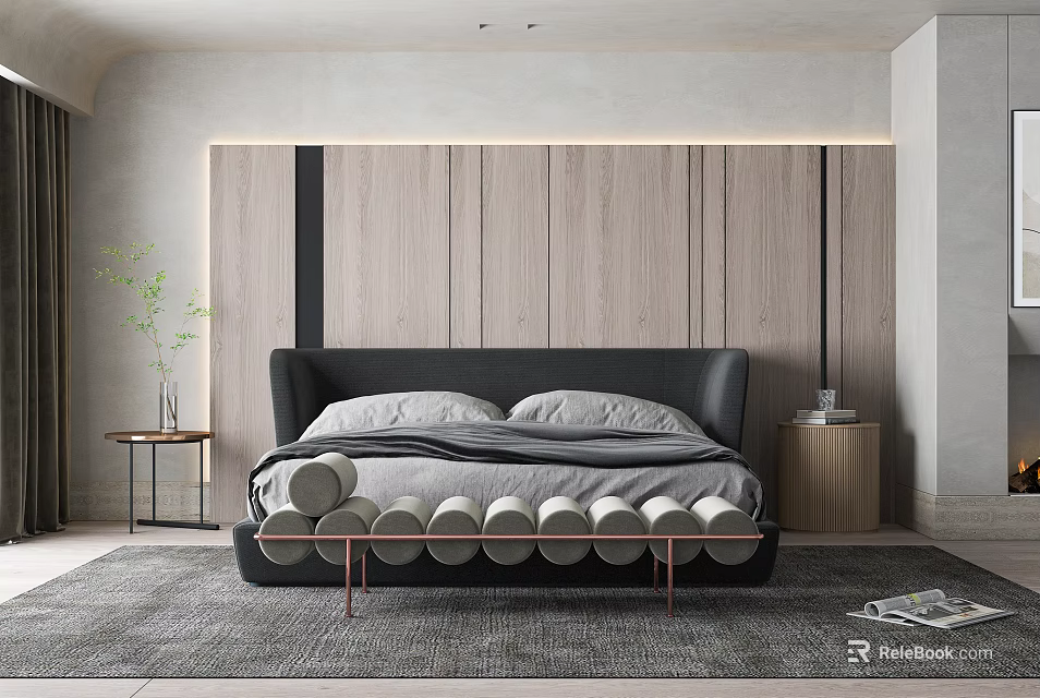 Modern Bedroom Interior Design With Wooden Panel Headboard Ambient Lighting And Gray Bedding 3d model 