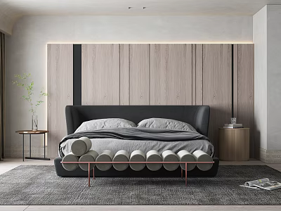 Modern Bedroom Interior Design With Wooden Panel Headboard Ambient Lighting And Gray Bedding 3d model
