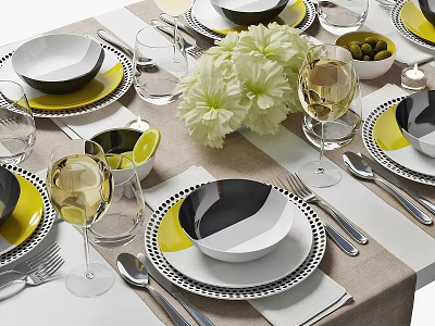 Elegant Black White Yellow Dinnerware Set with Wine Glasses White Flowers and Beige Tablecloth 3d model