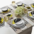 Elegant Black White Yellow Dinnerware Set with Wine Glasses White Flowers and Beige Tablecloth