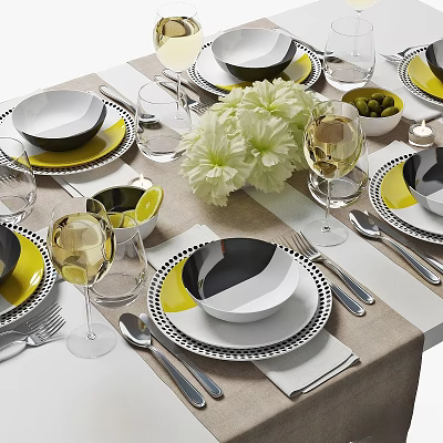 Elegant Black White Yellow Dinnerware Set with Wine Glasses White Flowers and Beige Tablecloth 3d model