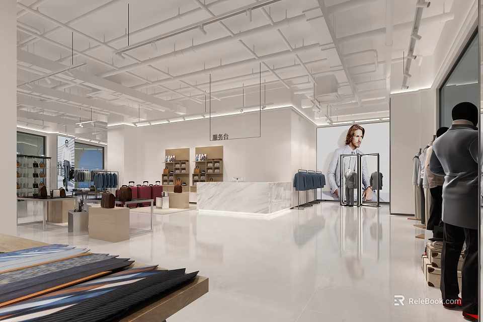 Spacious Bright Modern Clothing Store Interior With Display Racks Mannequins And Marble Countertops 3d model 