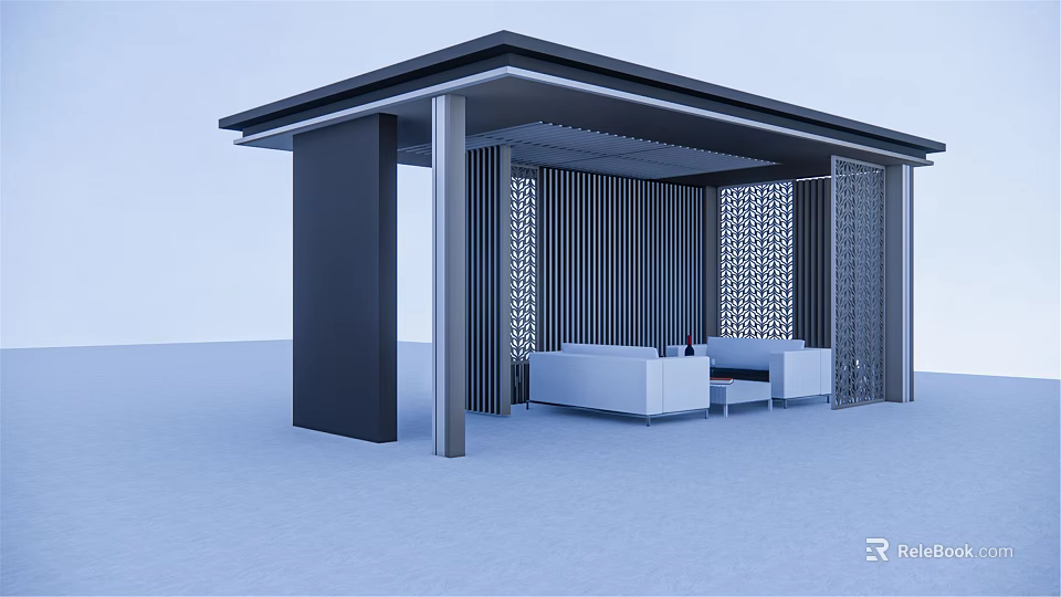 Modern Pergola With Black Structure Shade Design And White Sofa Coffee Table 3d model