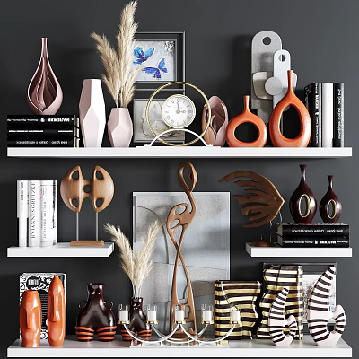 Modern Decorative Ornament Combinations With Vases Sculptures Books And Pampas Grass On Shelves 3d model