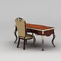 Elegant Classical Wooden Desk With Ornate Carvings And Upholstered Armchair