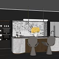 Elegant Modern Restaurant Interior With Marble Bar Counter Wine Rack Pendant Lights And Chairs
