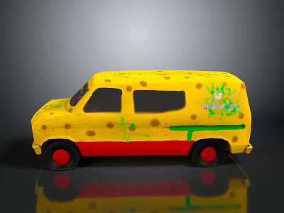 Yellow Cartoon Style Van With Brown Spots Green Graffiti And Red Bottom 3d model