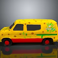 Yellow Cartoon Style Van With Brown Spots Green Graffiti And Red Bottom