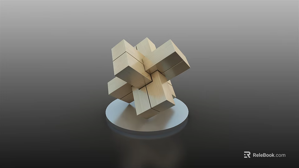 Abstract Interconnected Wooden Blocks Forming Modern Geometric Sculpture on Circular Base 3d model 