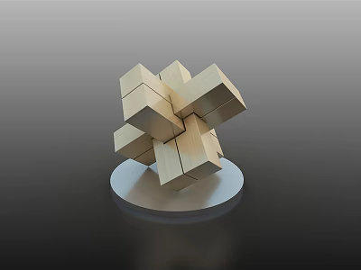 Abstract Interconnected Wooden Blocks Forming Modern Geometric Sculpture on Circular Base 3d model