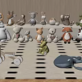 Plush Stuffed Animal Toys Featuring Various Animal Designs On Shelf And Carpet With Wooden Tricycle