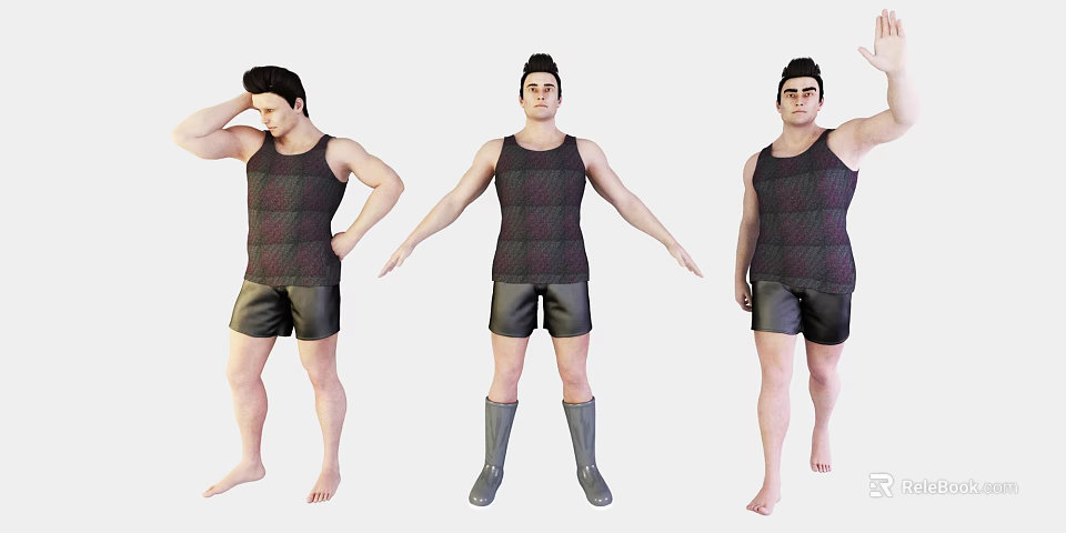Man Wearing Tank Top and Shorts in Different Poses with Boots and Gestures 3d model 
