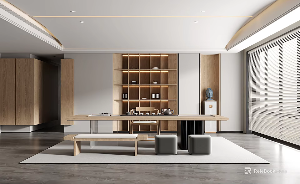 Tea Room Interior Design With Wooden Shelves Long Table And Natural Light 3d model 