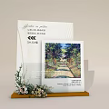 Modern Billboard with Golden Frame Hanging Scenic Poster and Green Plants