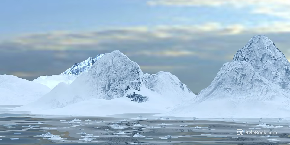 Garden Landscape With Snow Capped Mountains Icebergs And Floating Ice On Sea Surface 3d model 
