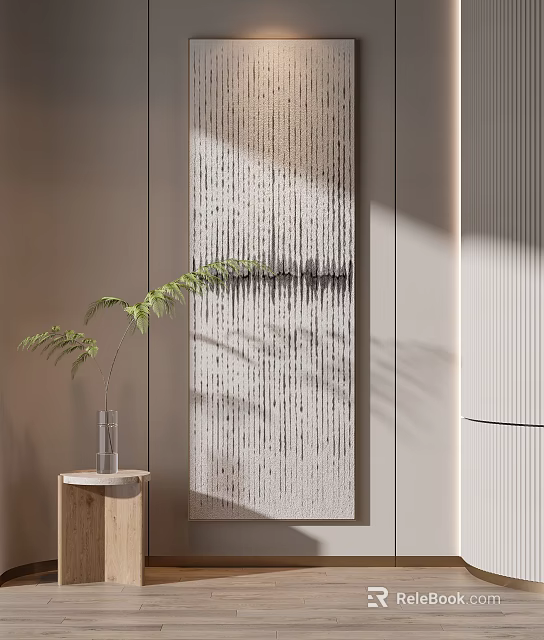 Modern Textured Wall Art With Green Plant And Wooden Side Table 3d model 