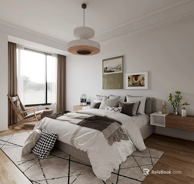 Modern Bedroom Interior With White Bed Pendant Light Curtains Wooden Floor And Wall Paintings Rug 3d model 