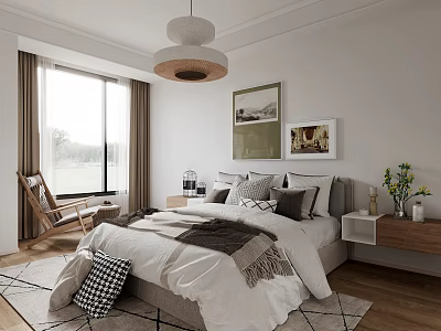 Modern Bedroom Interior With White Bed Pendant Light Curtains Wooden Floor And Wall Paintings Rug 3d model
