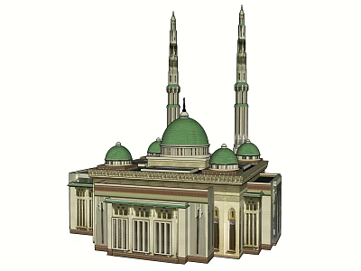Architectural View Of Traditional Islamic Mosque With Green Domes And Tall Minarets 3d model