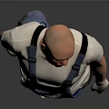Man in Blue Overalls White T-shirt With Tool Belt Knee Pads and Gray Background
