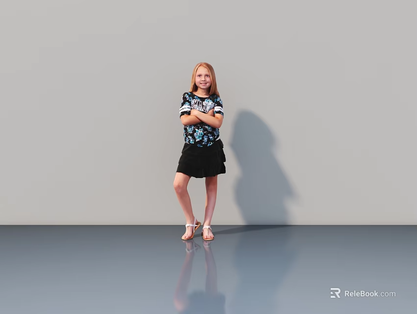 Young Girl Standing With Crossed Arms In Black Floral Top And Skirt On Gray Background 3d model 