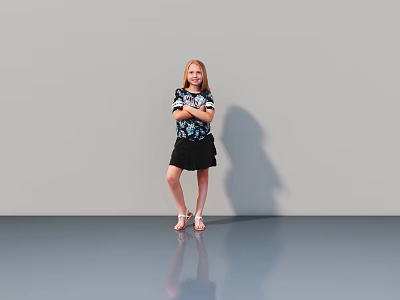 Young Girl Standing With Crossed Arms In Black Floral Top And Skirt On Gray Background 3d model