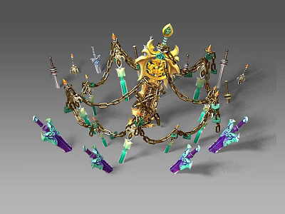 Ancient Architectural Decorative Structure With Golden Chains Green Pendants And Sword Shaped Ornaments 3d model
