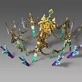 Ancient Architectural Decorative Structure With Golden Chains Green Pendants And Sword Shaped Ornaments