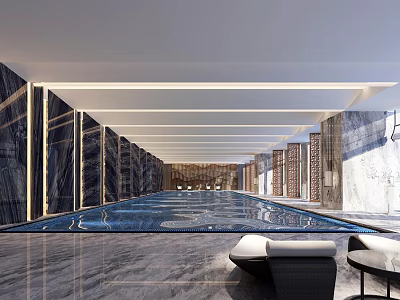 Luxurious Indoor Swimming Pool Interior With Marble Walls Lighting And Lounge Seats 3d model
