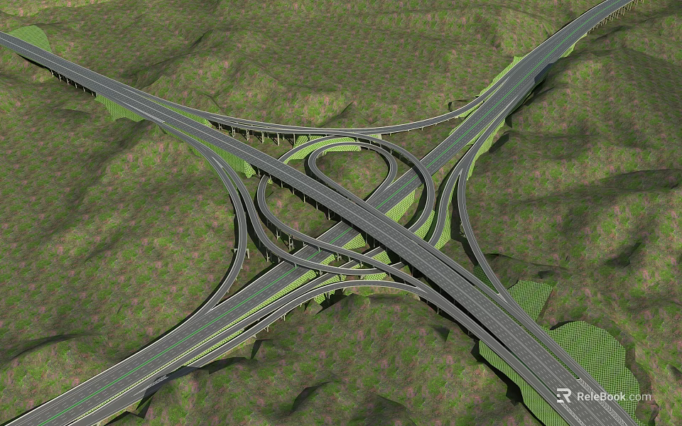 Bridge Structure With Multi Level Interchange In Green Mountainous Landscape 3d model 