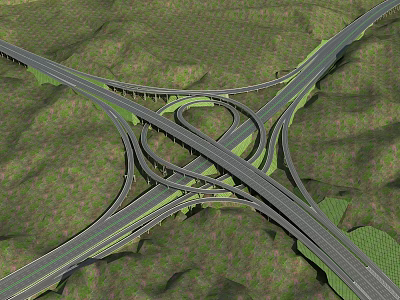 Bridge Structure With Multi Level Interchange In Green Mountainous Landscape 3d model