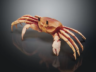 Crab With Orange Brown Body Large Claws And Long Legs On Black Reflective Surface 3d model