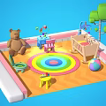 Cartoon Play Area With Teddy Bear Baby Crib Rainbow Rug Small Furniture And Colorful Ball