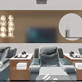 Modern Elevator Hallway Design With Wooden Doors Wall Lamps Green Plants And Gray Floor Tiles
