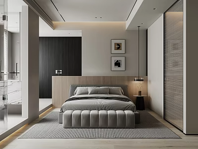 Modern Bedroom Interior Design With Gray Bed Wooden Headboard Wall Art And Area Rug 3d model