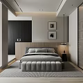 Modern Bedroom Interior Design With Gray Bed Wooden Headboard Wall Art And Area Rug