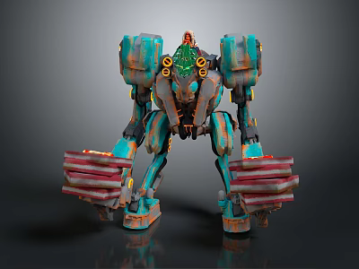 Rusted Teal And Orange Mechanical Character With Red Arm Structures And Mechanical Design 3d model