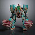 Rusted Teal And Orange Mechanical Character With Red Arm Structures And Mechanical Design