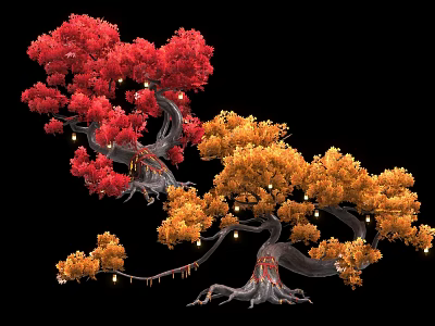 Vibrant Red Yellow Leaf Trees with Curved Trunks Hanging Lights and Exposed Roots 3d model
