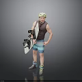 Snowboarder Standing With Yellow Helmet Brown Vest Blue Shorts Snowboard And Ski Boots