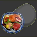Fresh Sashimi Platter with Colorful Seafood and Vegetables on Blue Plate with Transparent Cover