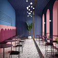 Modern Restaurant Interior With Blue Pink Walls Purple Booths Round Tables Black Chairs And Green Plants